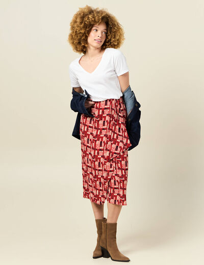 Jupe midi portefeuille fluide rouge foncé femme