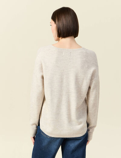 Pull manches longues col en V creme femme
