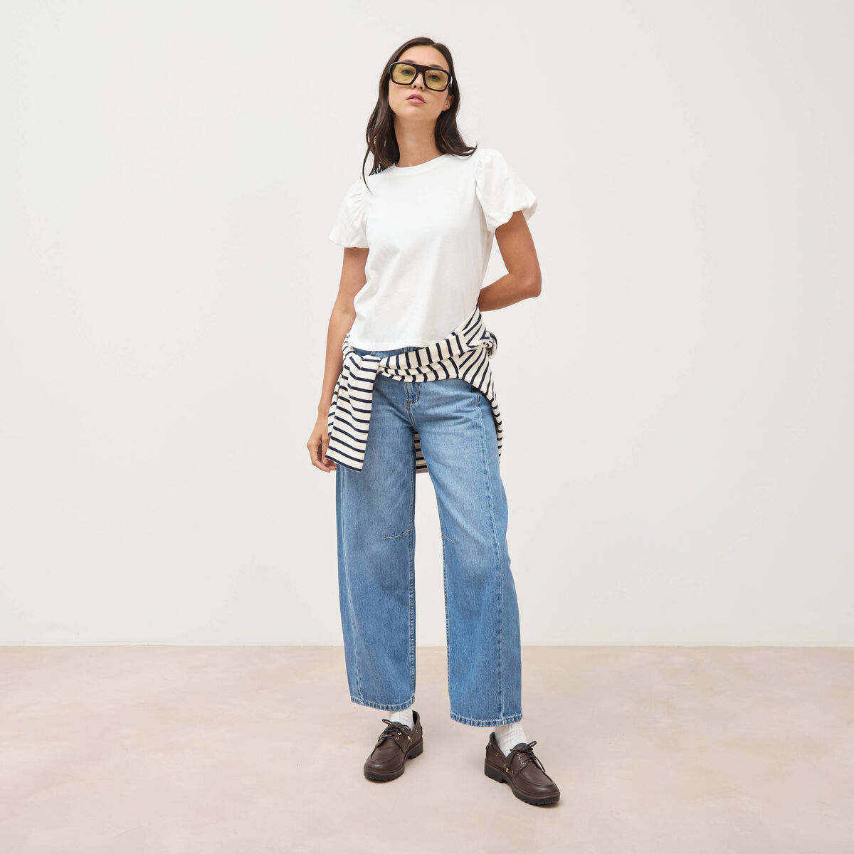 T-shirt effet boule manches courtes ecru femme