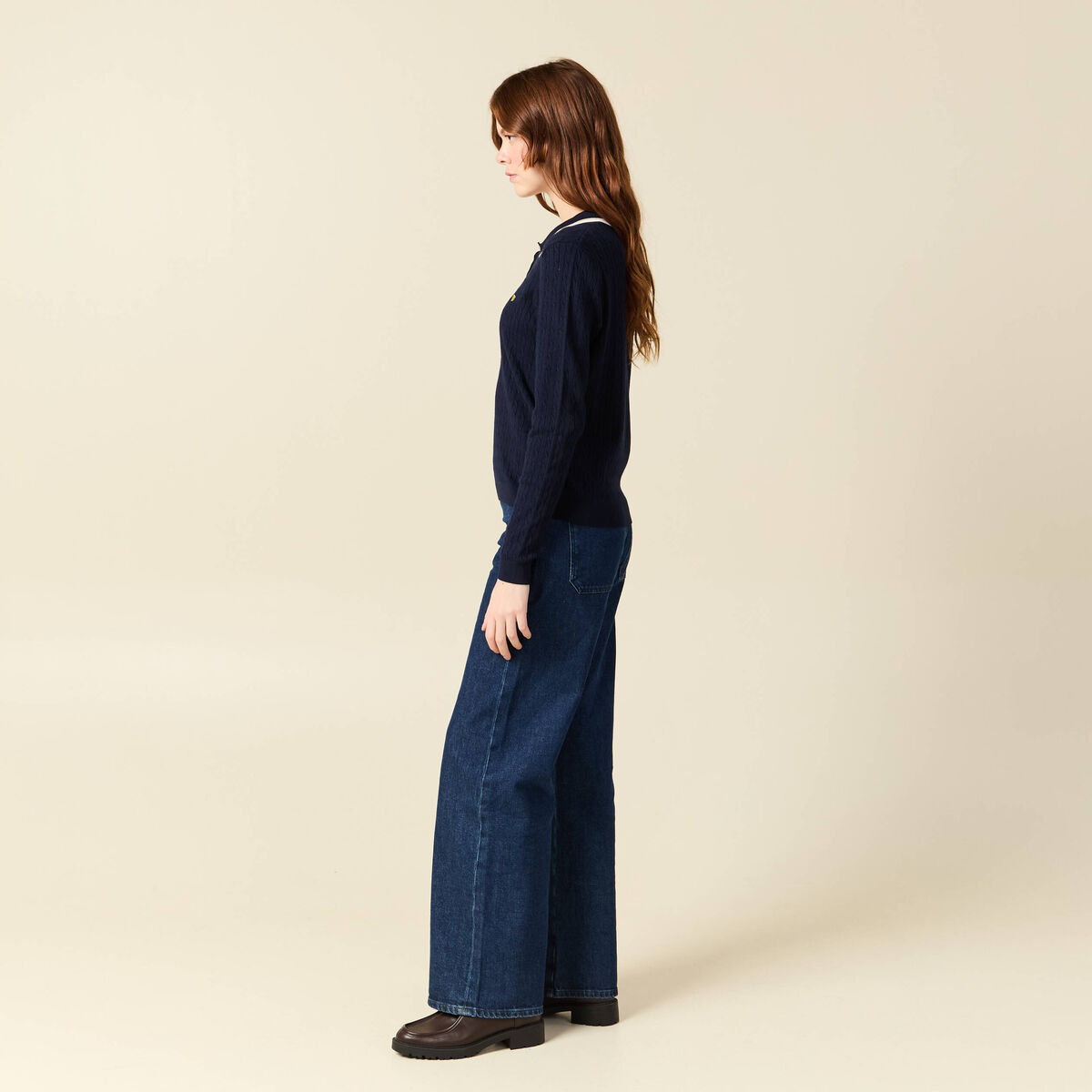 Polo avec torsade et c&oelig;ur brod&eacute; bleu marine femme