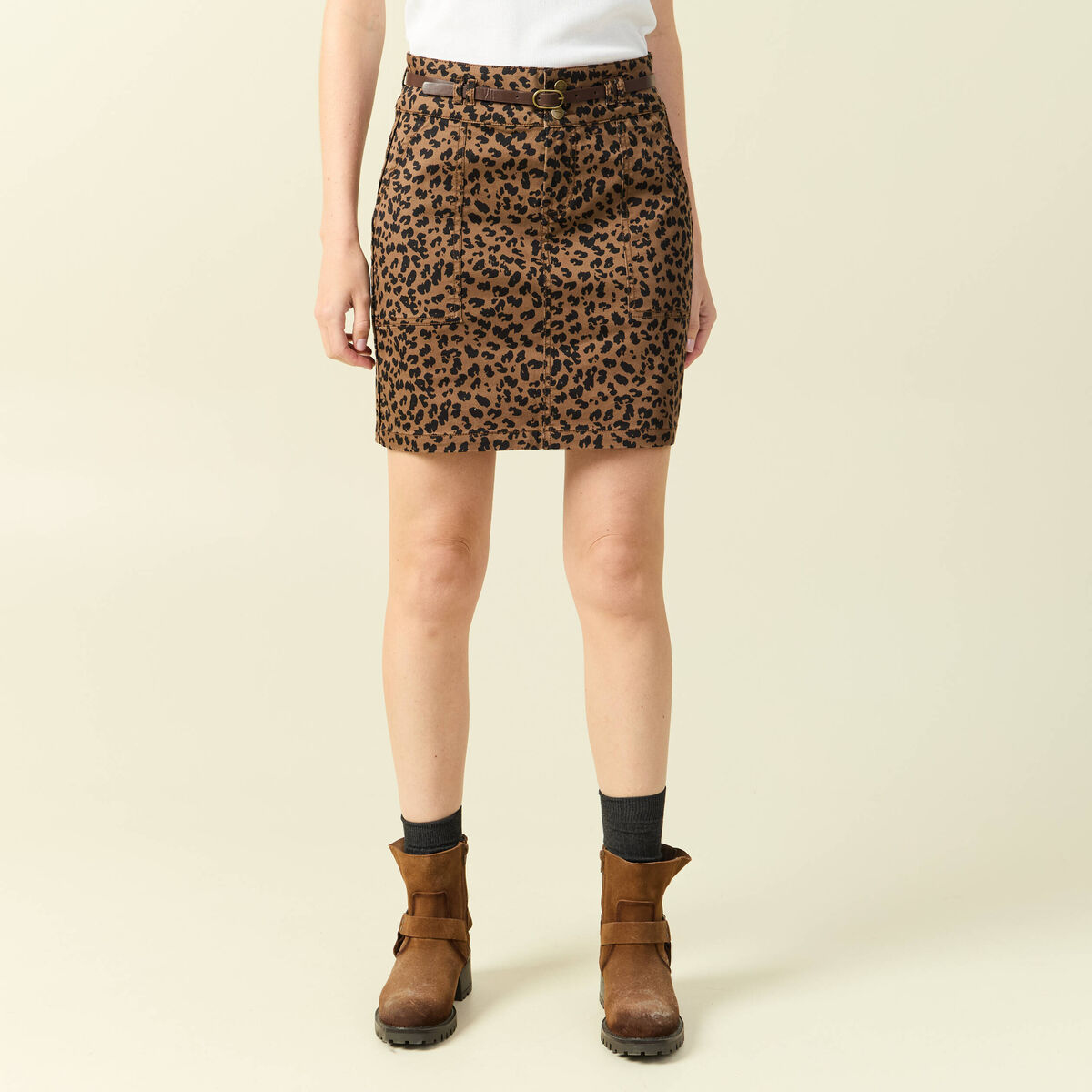 Jupe stretch avec ceinture amovible marron cognac femme