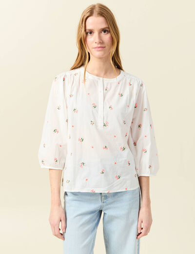 Blouse manches 3/4 brodée blanc femme