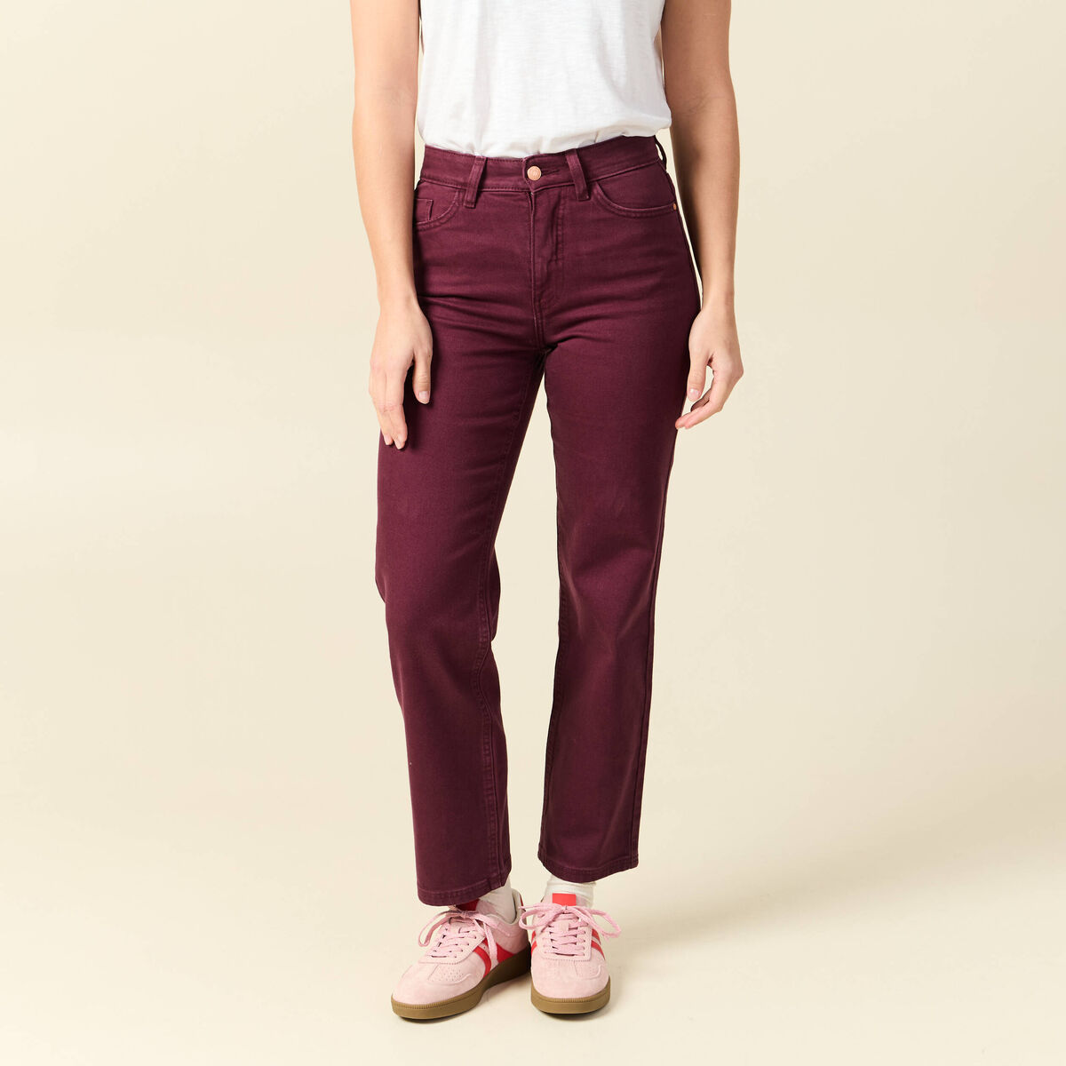 Jeans droit 7/8&egrave;me taille standard bordeaux femme