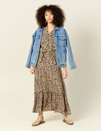 Robe longue droite manches 3/4 marron clair femme