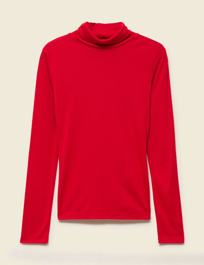 T-shirt cintr&eacute; manches longues col roul&eacute; rouge femme