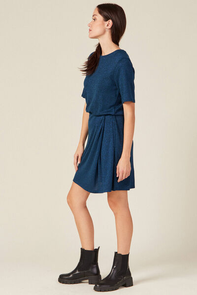 Robe moulante fils métallisés bleu canard femme