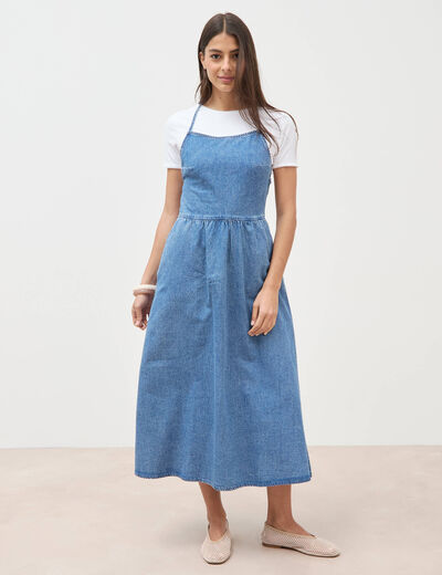 Robe bretelle en jeans col rond denim used femme