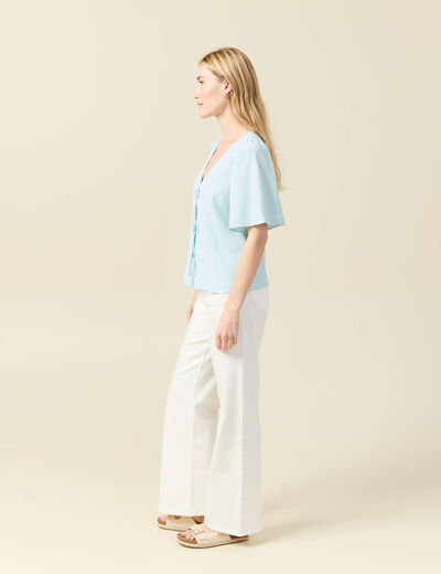 Blouse manches courtes nouée bleu pastel femme
