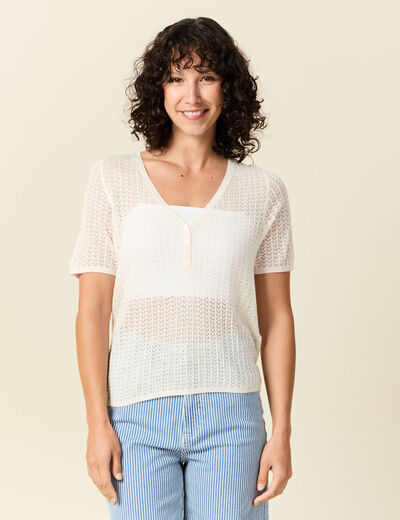 Pull manches courtes ajouré creme femme