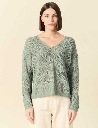 Pull manches longues ajouré vert kaki femme