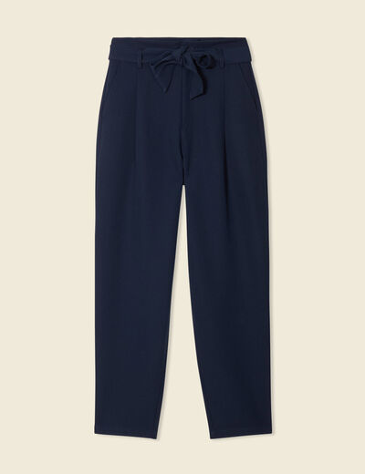 Pantalon carotte ceinturé bleu marine femme