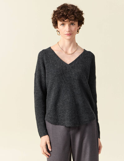 Pull manches longues col en V gris foncé femme
