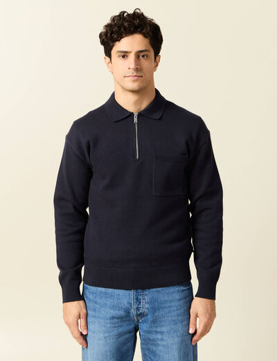 Pull manches longues col polo bleu marine homme