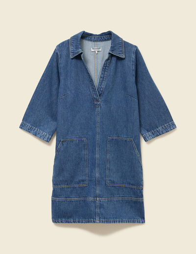 Robe droite courte en coton col v denim stone femme