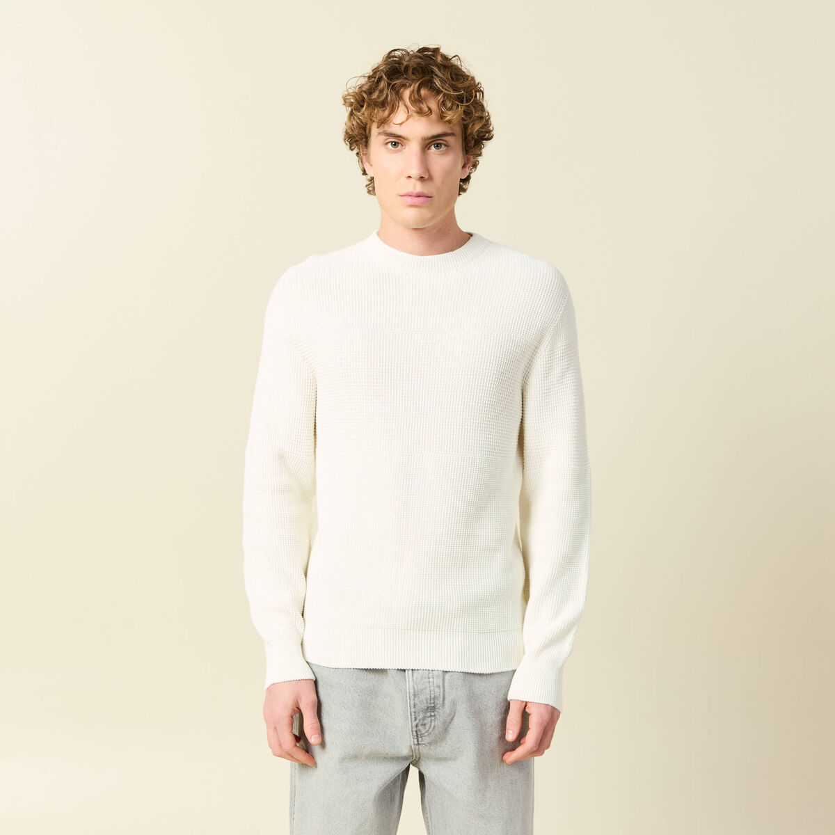 Pull col rond manches longues en coton ecru homme