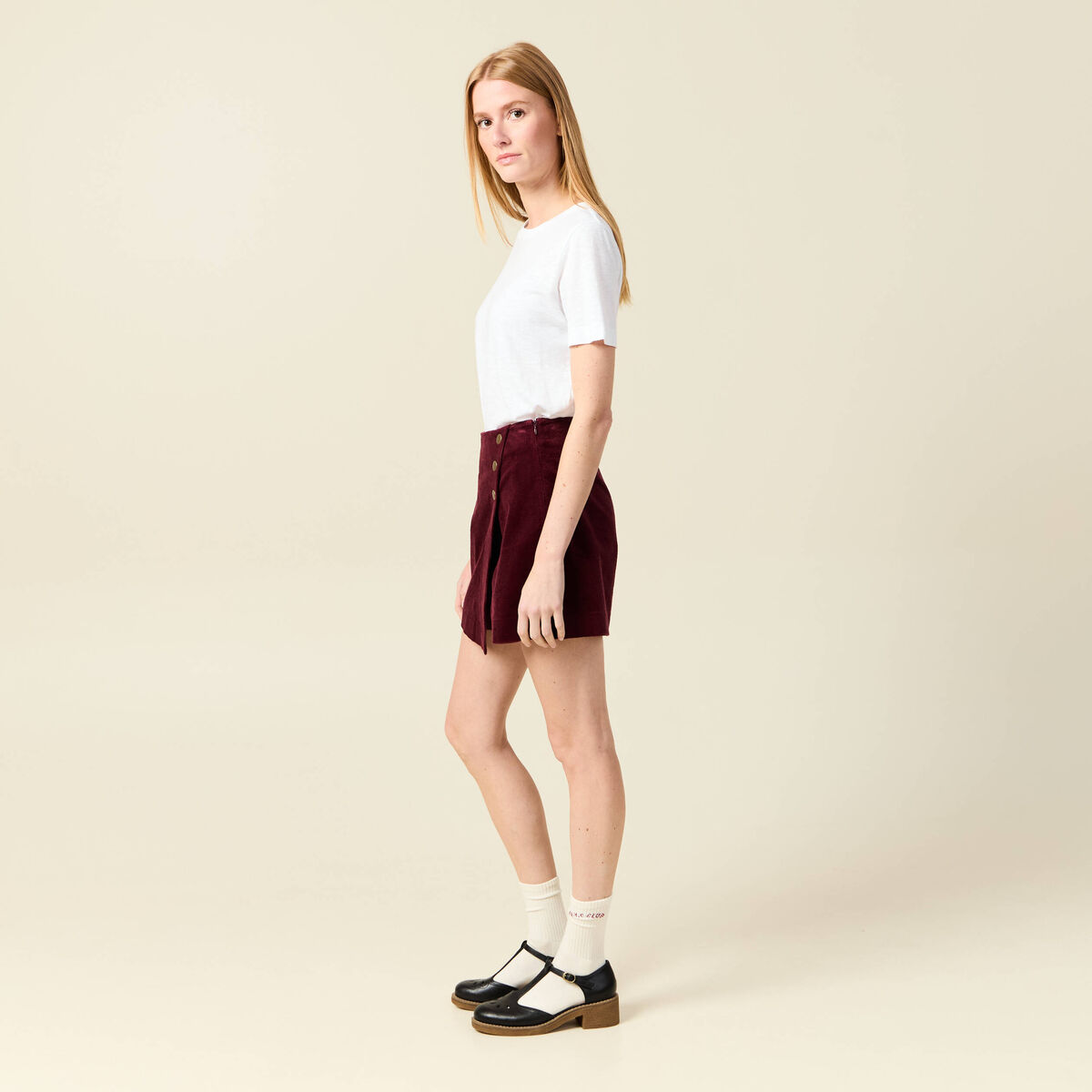 Jupe-short taille haute en velours bordeaux femme