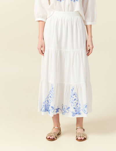 Jupe longue évasée brodée ecru femme