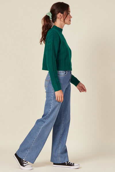 Pull manches longues cropped vert femme