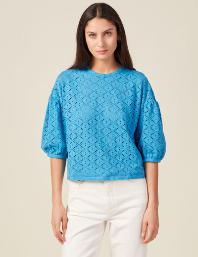 T-shirt manches 3/4 ajouré bleu femme