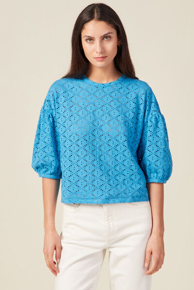 T-shirt manches 3/4 ajouré bleu femme
