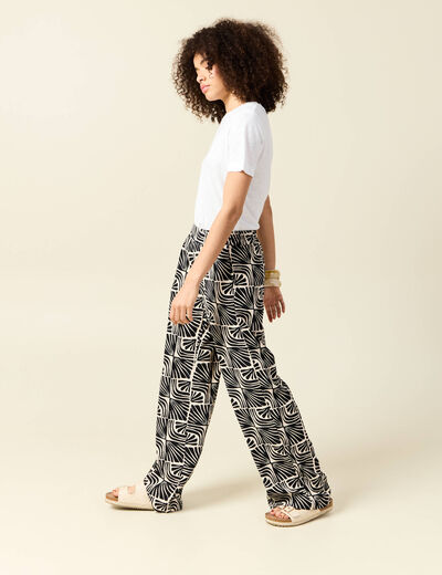 Pantalon large taille haute fluide creme femme