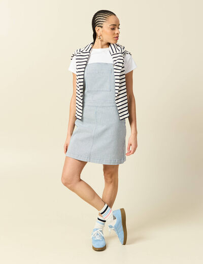 Robe en jeans &agrave; bretelles col carr&eacute; bleu marine femme