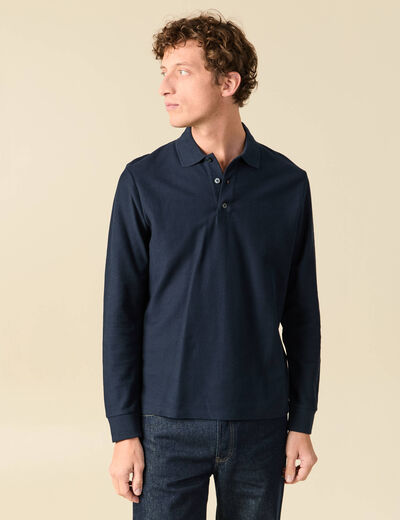 Polo manches longues en coton bleu marine homme