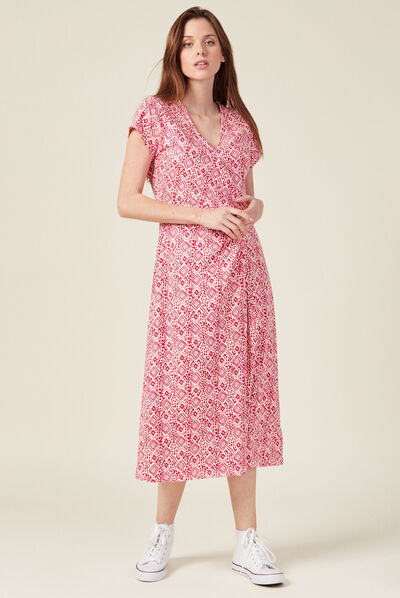 Robe midi droite drapée rose framboise femme