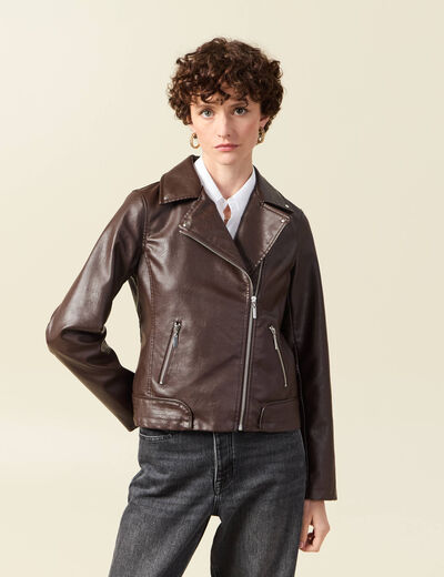 Blouson biker simili cuir marron femme