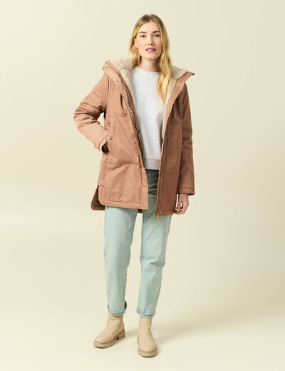 Parka droite &agrave; capuche marron clair femme