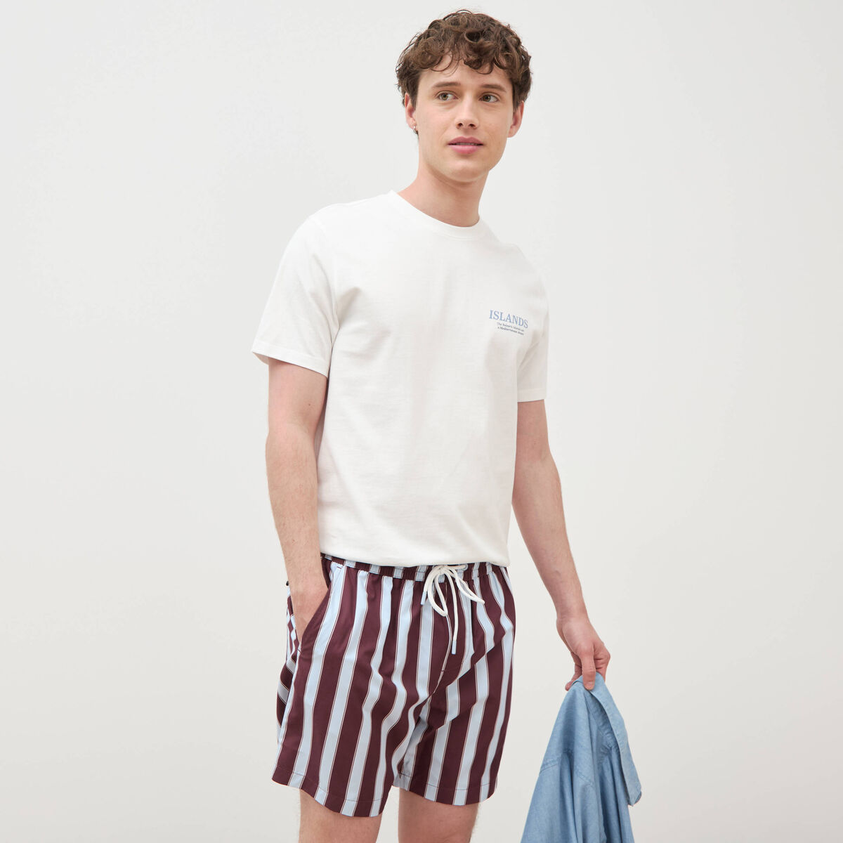 Maillot de bain ray&eacute; doubl&eacute; prune homme