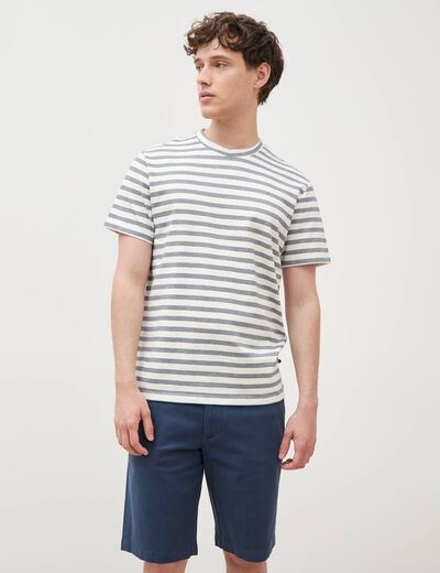T-shirt ray&eacute; col rond manches courtes bleu marine homme