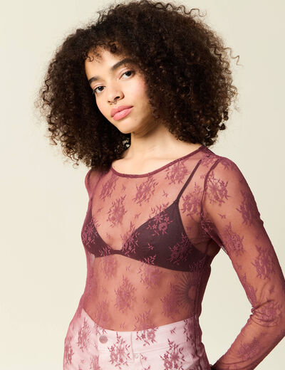T-shirt ajust&eacute; manches longues col rond bordeaux femme