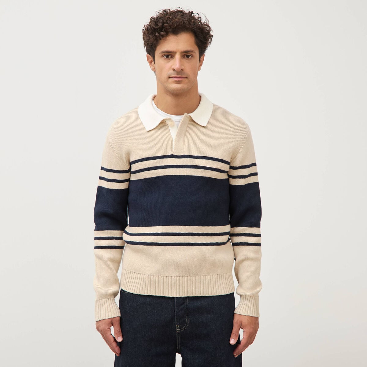 Pull manches longues en coton beige homme
