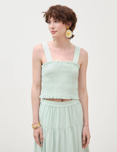 Top cintr&eacute; court &agrave; bretelles col carr&eacute; vert pastel femme