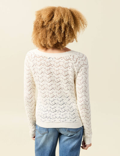 Pull ajouré col bateau manches longues ecru femme