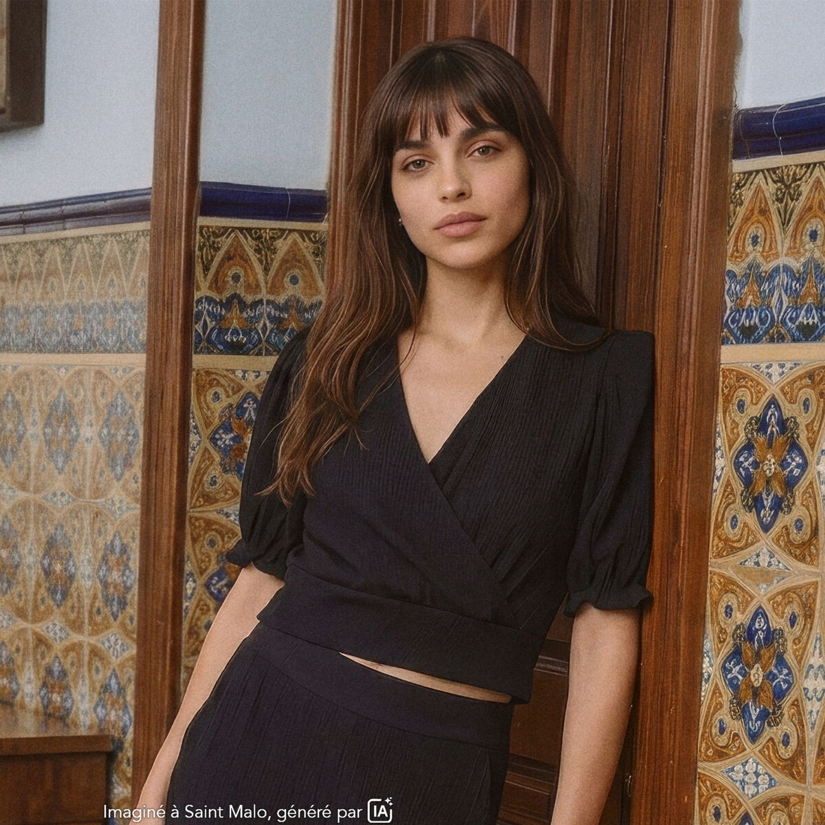 Blouse cropped manches courtes noir femme