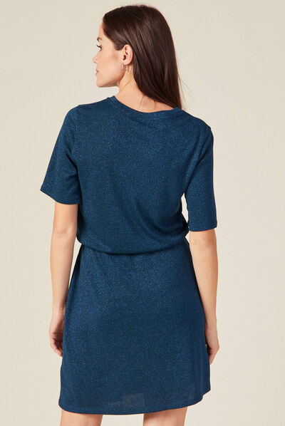 Robe moulante fils métallisés bleu canard femme