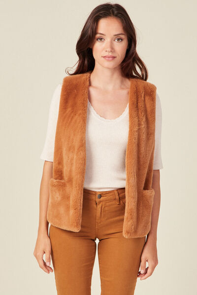 Veste droite fausse fourrure marron femme
