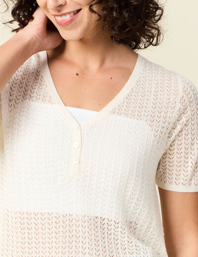 Pull manches courtes ajouré creme femme