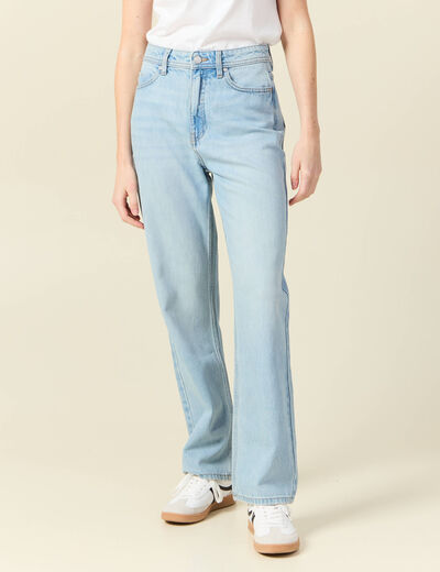 Jeans straight taille haute denim bleach femme