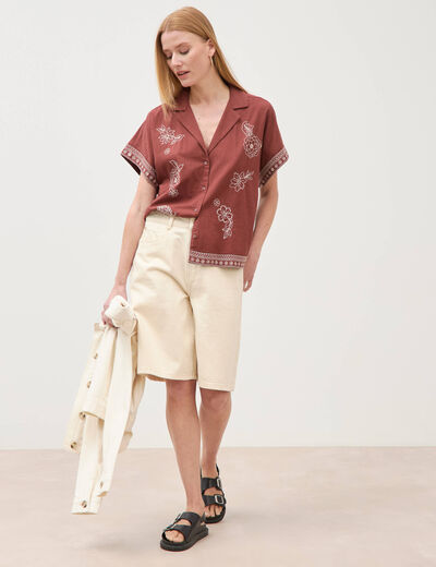Chemise ample manches courtes marron cognac femme