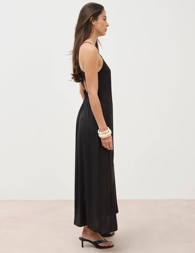 Robe satin&eacute;e bretelles col v noir femme