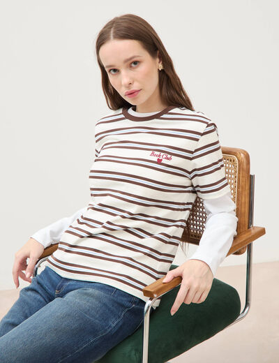 T-shirt ray&eacute; col rond manches courtes ivoire femme