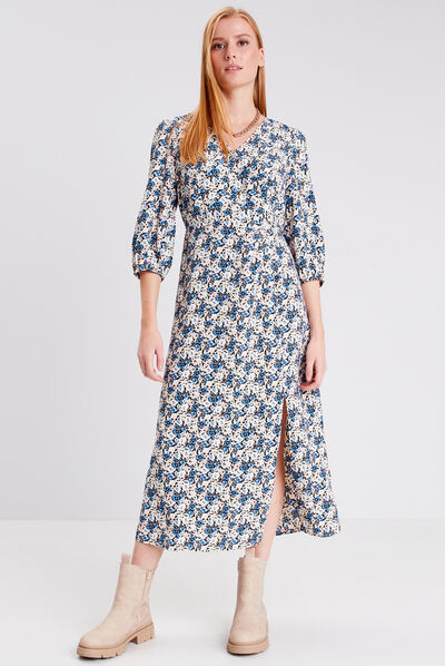 Robe longue droite manches 3/4 noir femme