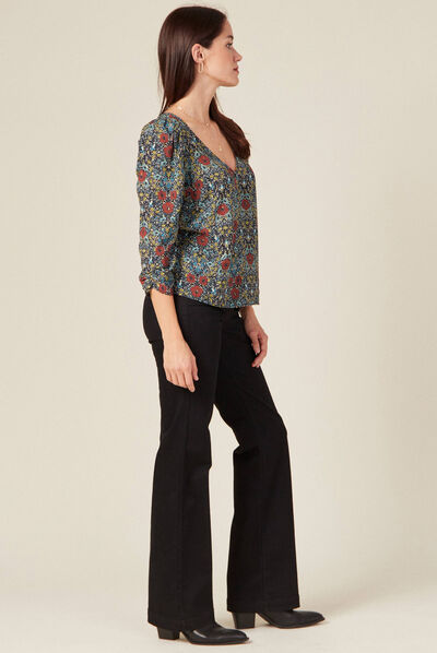 Blouse manches 3/4 dos en V noir femme
