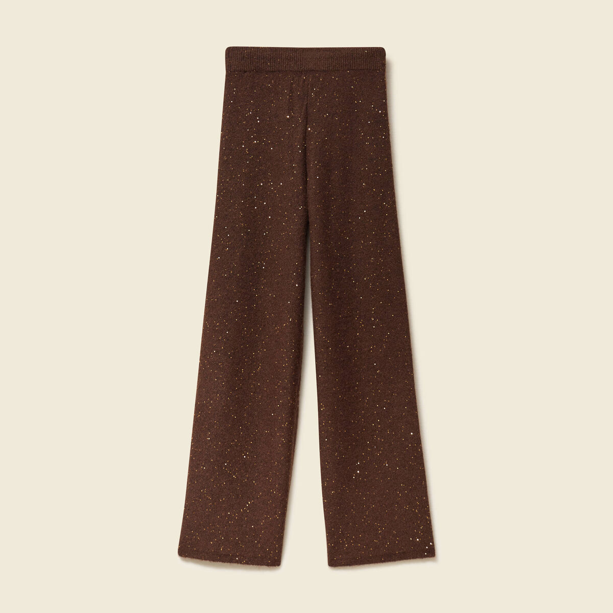 Pantalon large taille haute en maille marron fonc&eacute; femme