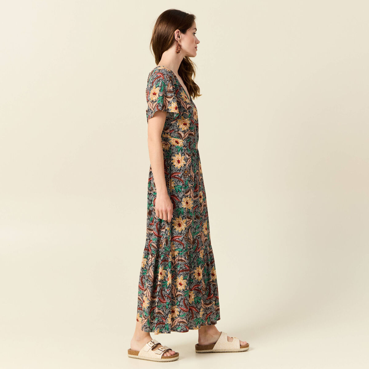 Robe longue évasée dos ouvert noir femme