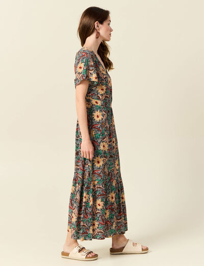 Robe longue évasée dos ouvert noir femme