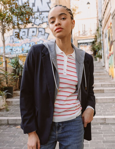 Blazer manches longues col tailleur bleu marine femme
